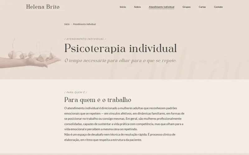 Página de atendimento individual — sessões semanais presenciais ou online para mulheres adultas