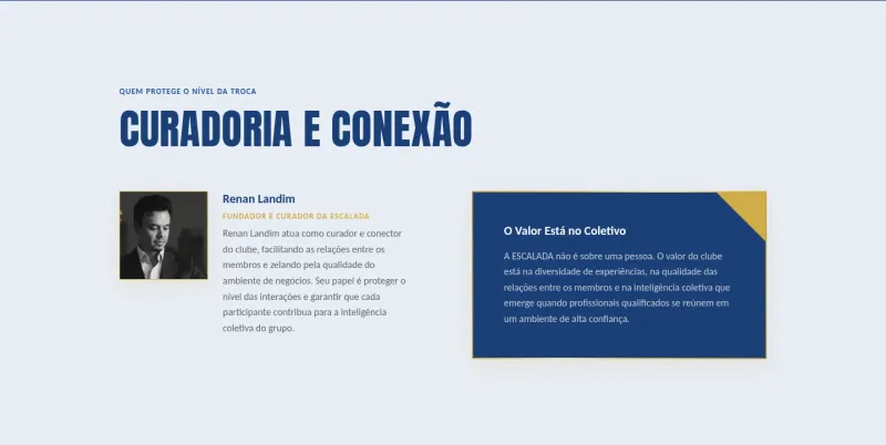 Escalada — seção de liderança com história e credibilidade do fundador
