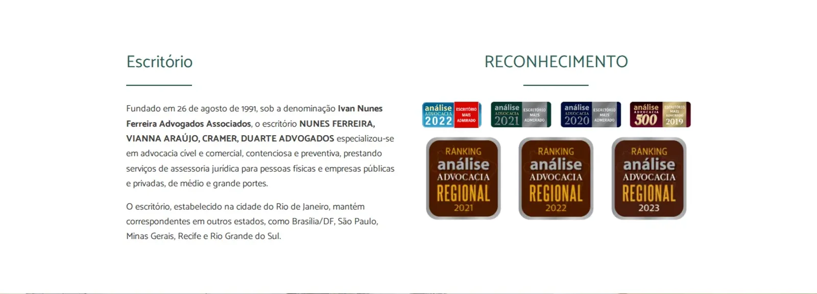 NVCD Advogados — seção Escritório com história e reconhecimento