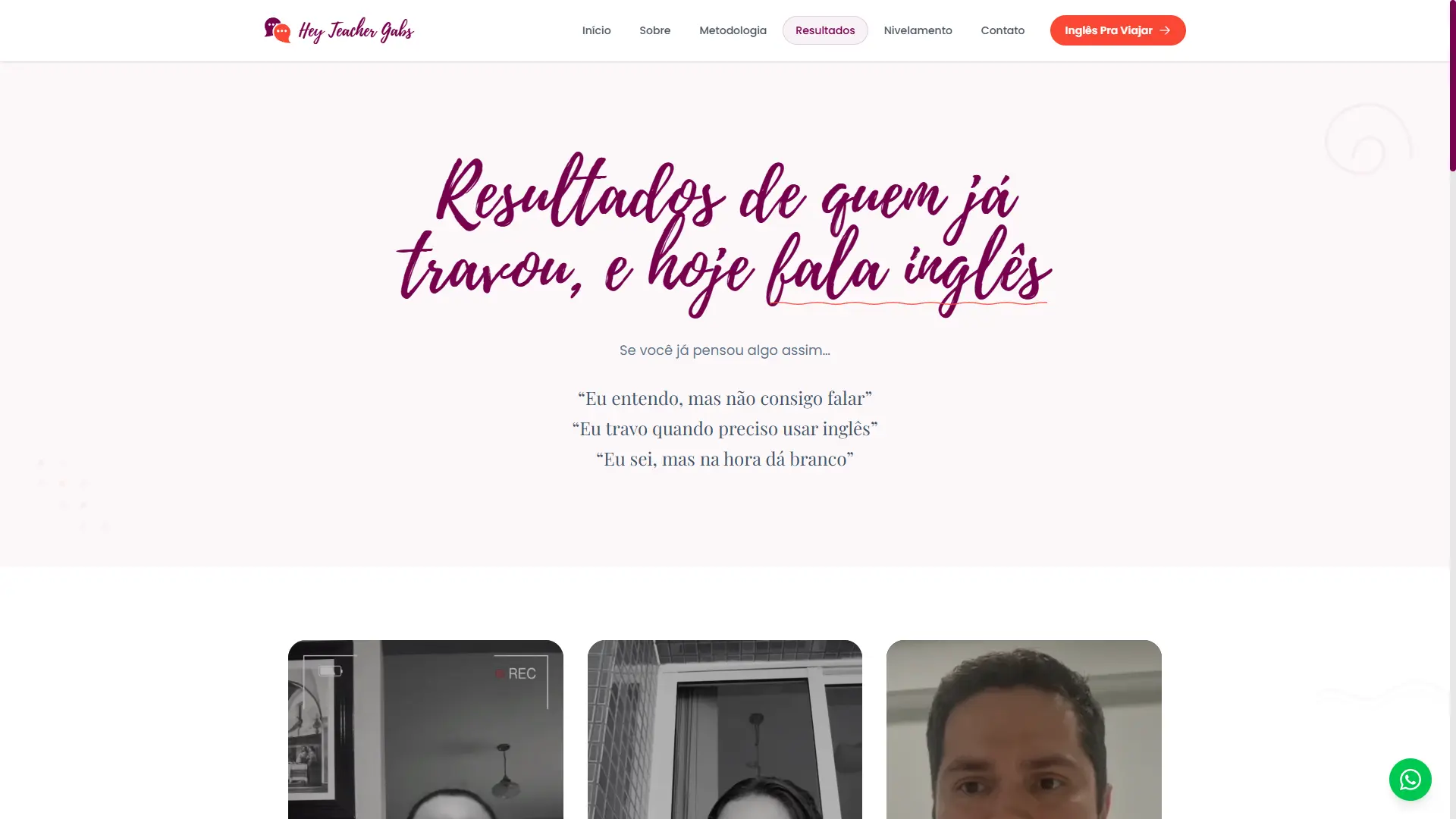 Hey Teacher Gabs — página de resultados com depoimentos em vídeo